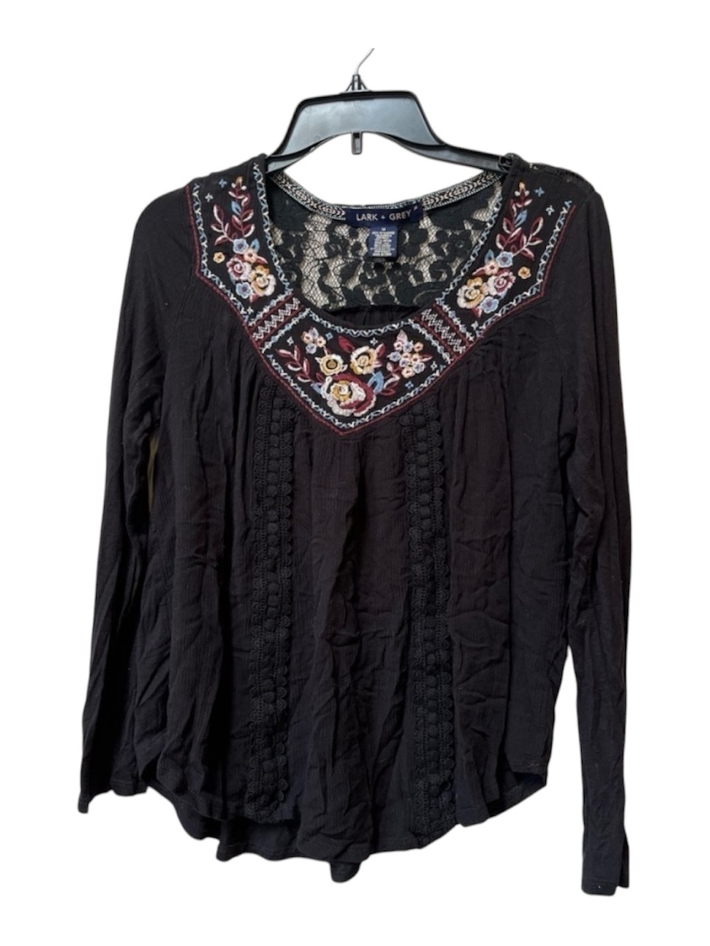 Lark + Grey M Embroidered Black Blouse Whimsigoth Dark Boho Folk Floral